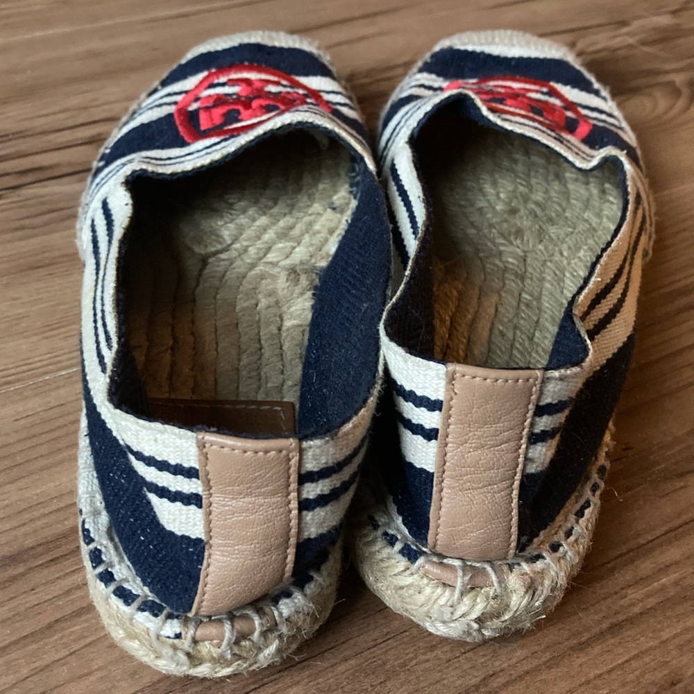 Tory Burch Navy and Cream Striped Espadrilles with Red Logo - Picture 3 of 4